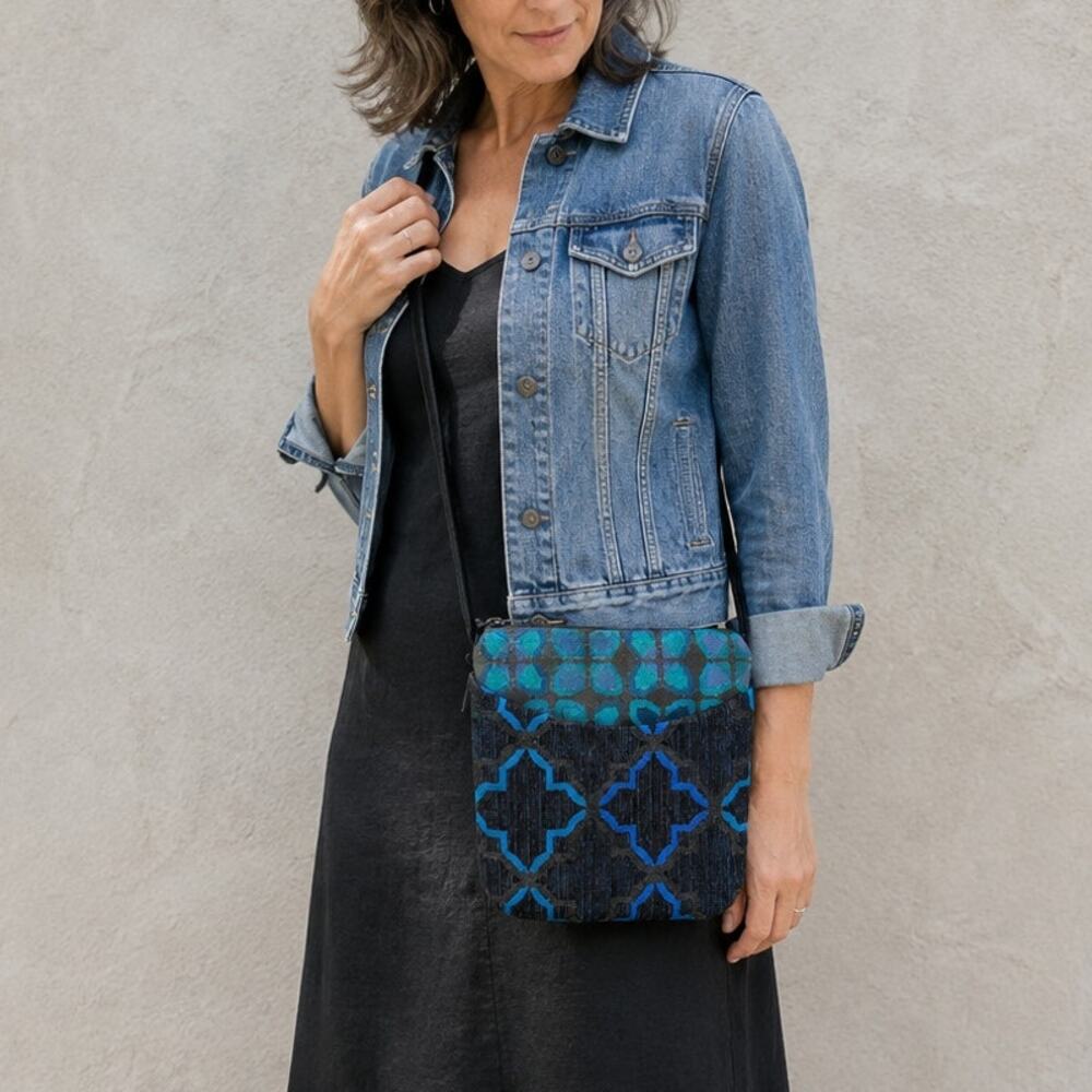Maruca Cupcake Crossbody Bag Blue Black Geometric Jacquard Handmade Boulder CO